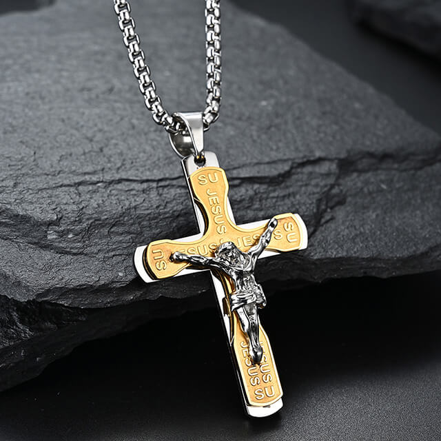 Classic Steel Jesus Cross Christian Necklace For Guys