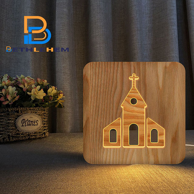 Wood Lamps With Hollowed-Out Church Patterns Christian Gift 