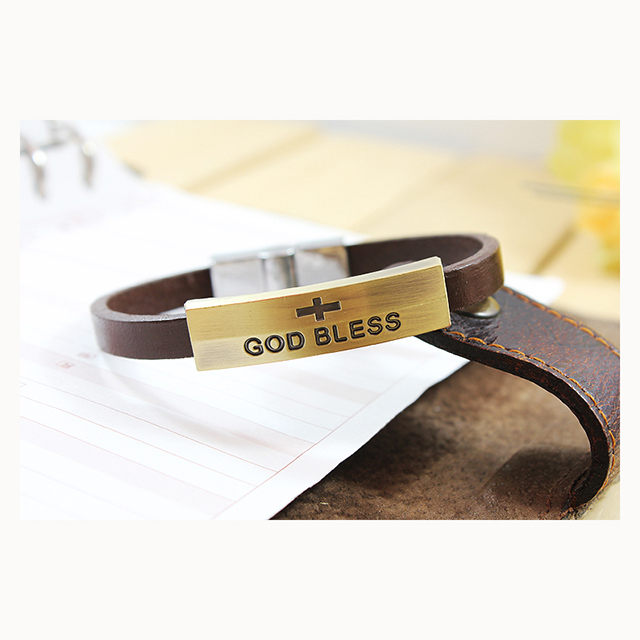 Inspirational Prayer God Bless Genuine Leather Christian Bracelet 