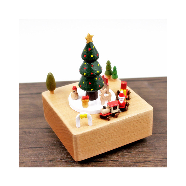 Wooden Decor Christmas Tree Train Christian Music Box